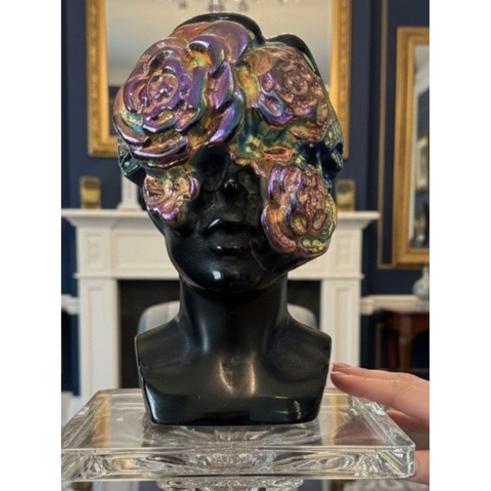 Artisan genuine Black obsidian Bust Sculpture w/Iridescent rainbow hematite